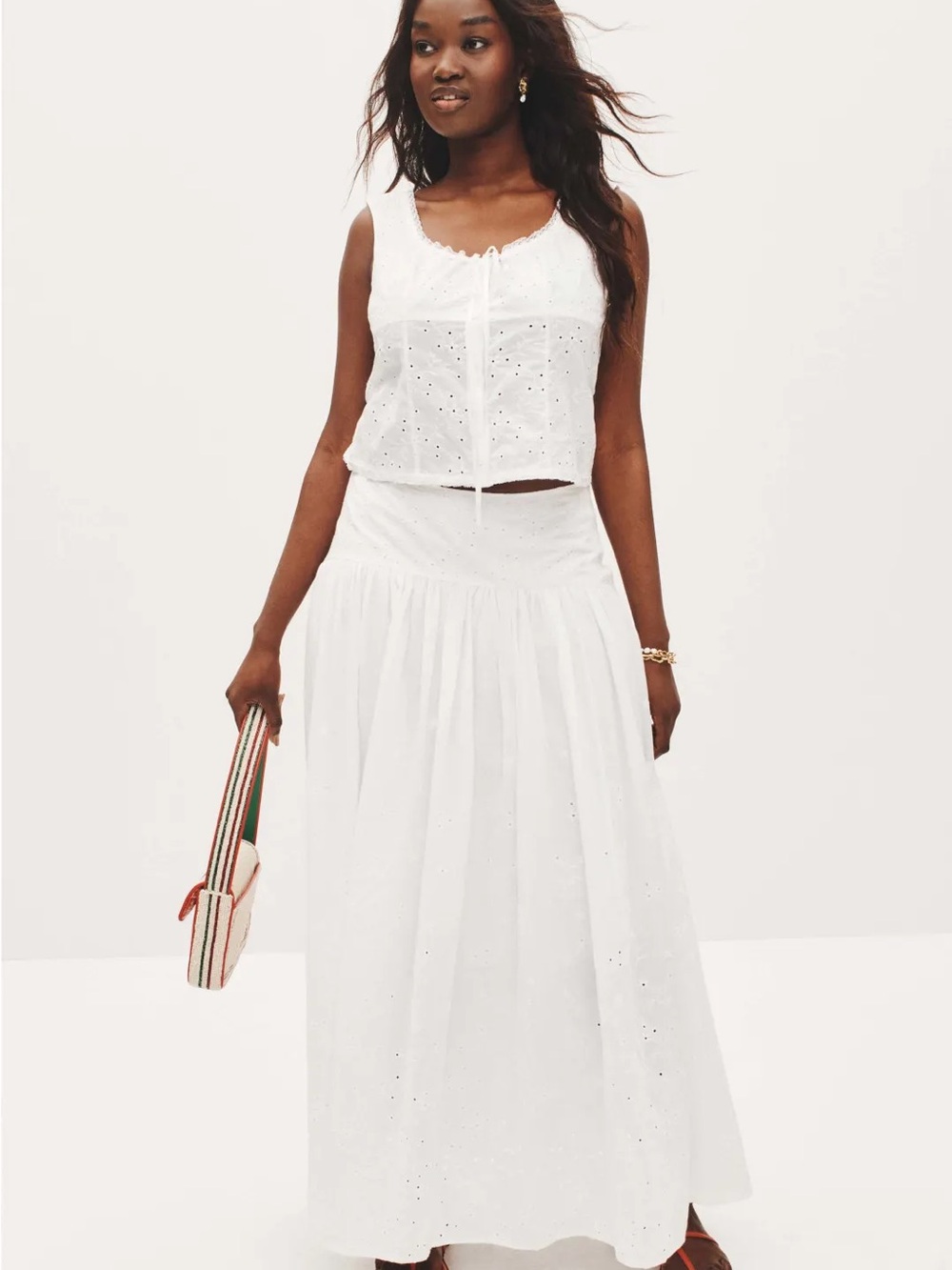 STAUD White Eyelet Maxi Skirt
